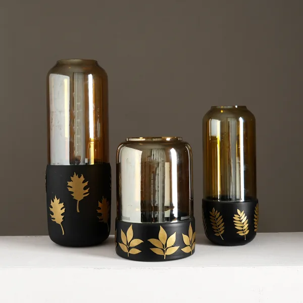 Amber smoked glass gold leaf candle stand