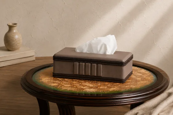 Velour Ridge Leather Tissue Box