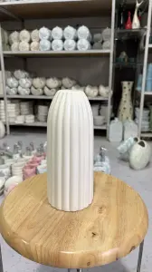 Ivory Fluted Ceramic Vase 9 Inch - Ribbed White Flower Vase for Hotel and Restaurant Tables
