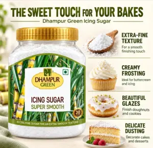 Dhampur Green Icing Sugar transforms your creations into heavenly delights. Immerse yourself in the fine, powdery texture of this versatile sugar, perfect for adding a silky-smooth finish to your desserts or a delicate sweetness to your frostings and — HoReCa Supplier India