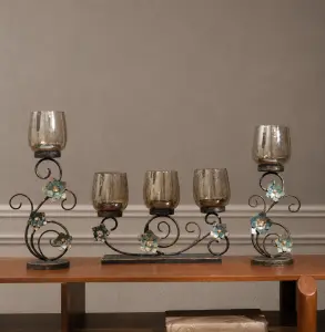 Floral Metal & Smoked Glass Candle Holder Set — HoReCa Supplier India