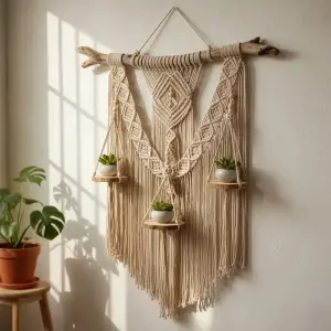 A premium, hand-knotted macrame wall hanging crafted to bring natural texture and sustainable luxury to hospitality interiors.