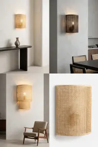 “Lumina-Arc” Semi-Cylinder Rattan Wall Sconce – Customizable Eco-Friendly Woven Cane Shield Light for Hospitality Corridors and Bedrooms