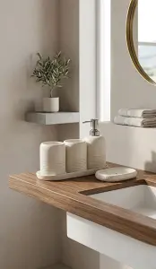 Ceramic Bathroom Set of 5 with Tray - Soap Dispenser, Toothbrush Holder, Tumbler and Dish for Hotels